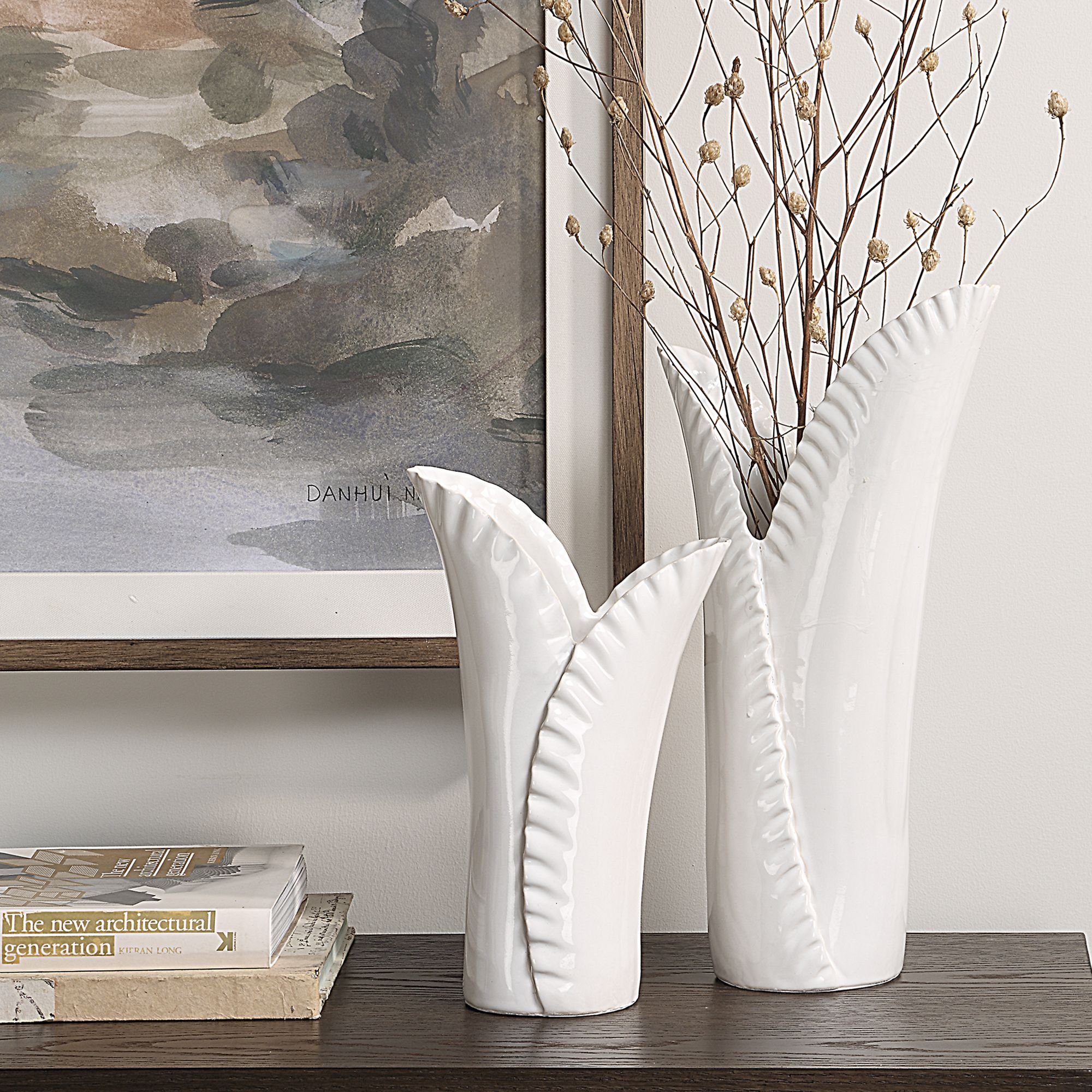 Image 5 Uttermost Leafscape White Ceramic 2-Piece Vase Set more views