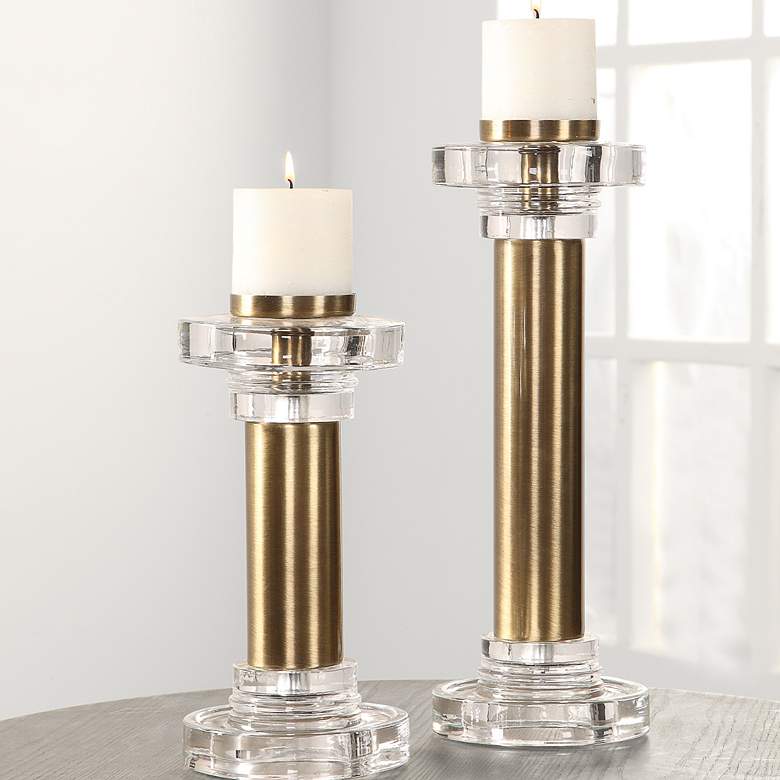 Image 1 Uttermost Leslie Brushed Brass Pillar Candle Holder Set of 2