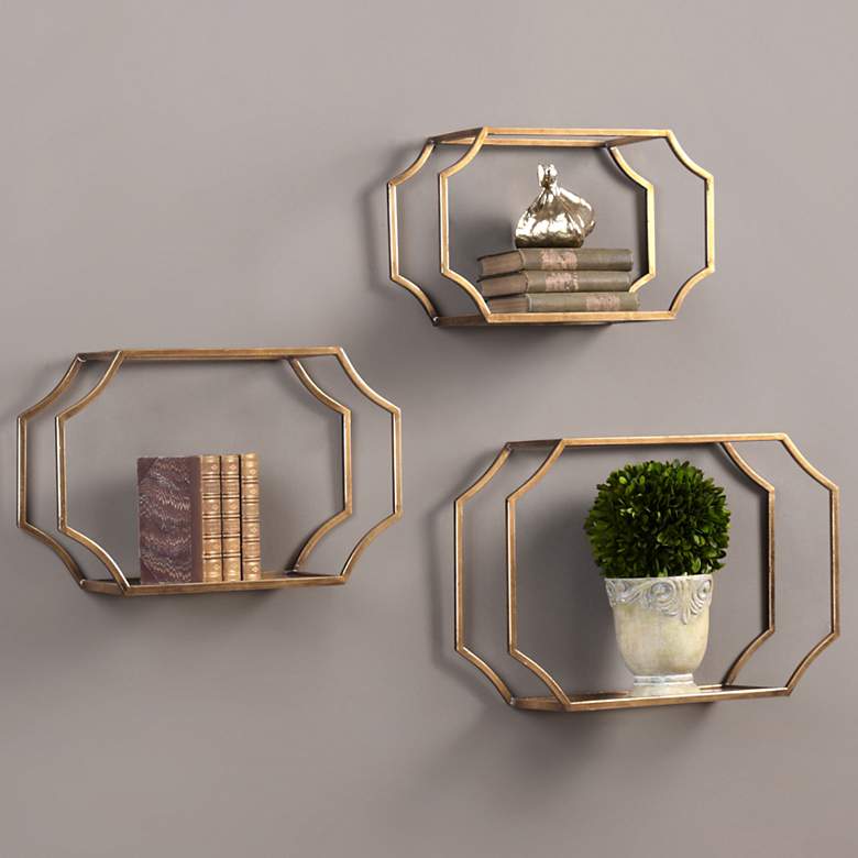 Image 1 Uttermost Lindee Antiqued Gold Leaf 3-Piece Wall Shelves Set