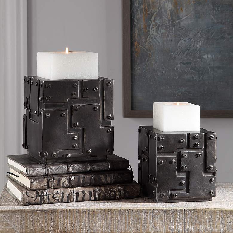 Image 1 Uttermost Malak Steel Patina Pillar Candle Holders Set of 2
