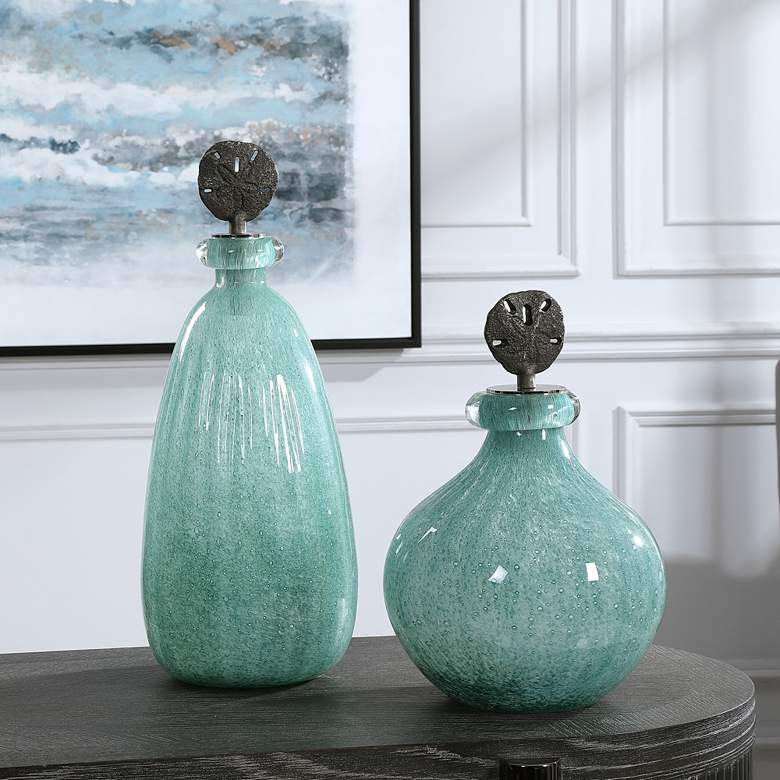Image 1 Uttermost Mellita Aqua Blue Art Glass Bottles Set of 2