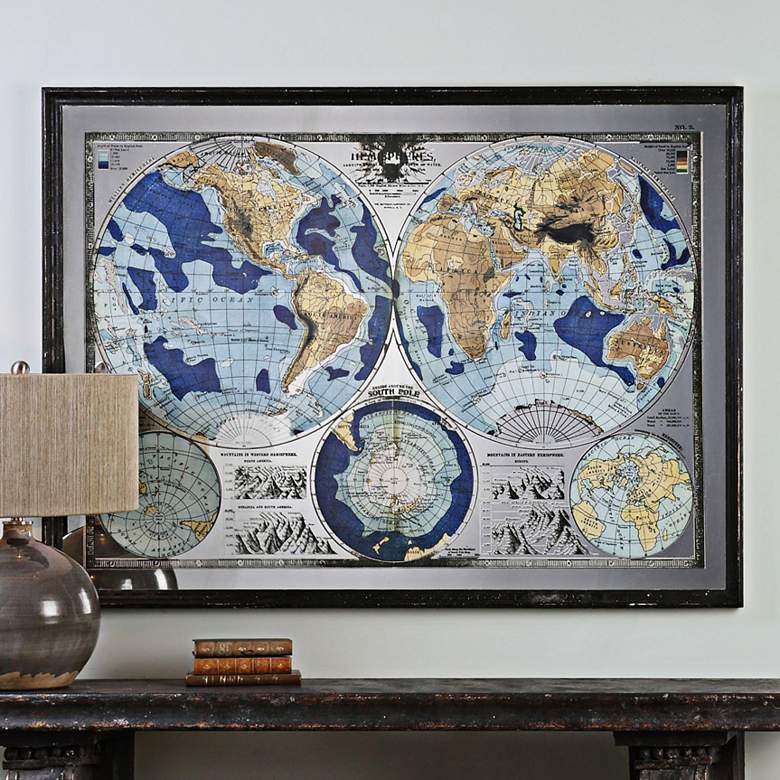 Image 1 Uttermost Mirrored World Map 54 3/4 inch Wide Framed Wall Art