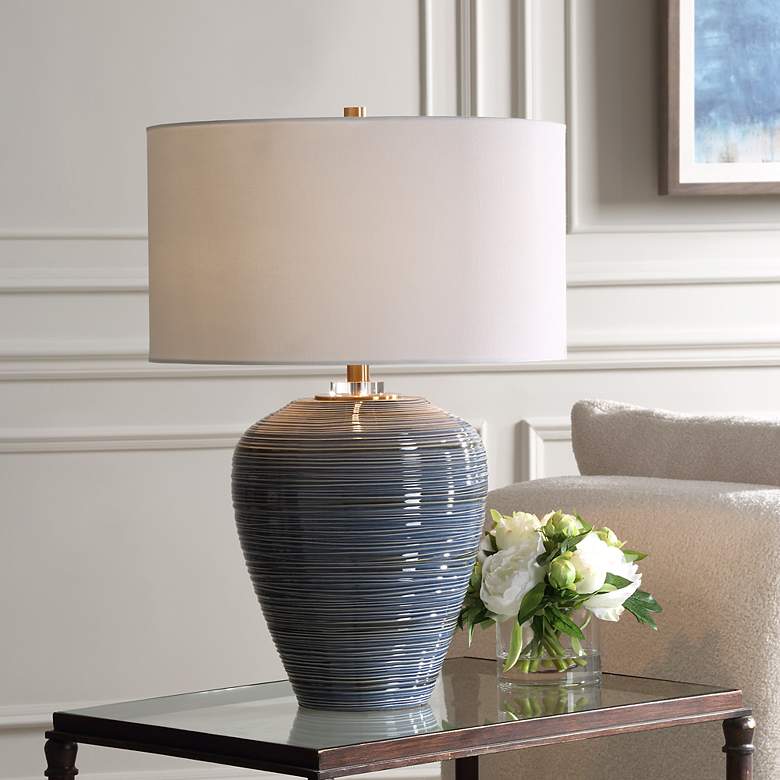 Image 1 Uttermost Moher 26" High Glossy Blue Ribbed Ceramic Table Lamp