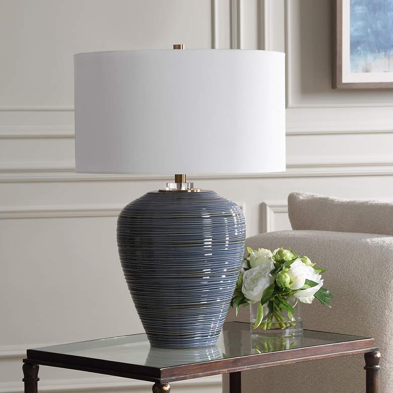 Image 3 Uttermost Moher 26" High Glossy Blue Ribbed Ceramic Table Lamp more views