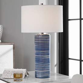 Image1 of Uttermost Montauk White and Indigo Column Ceramic Table Lamp