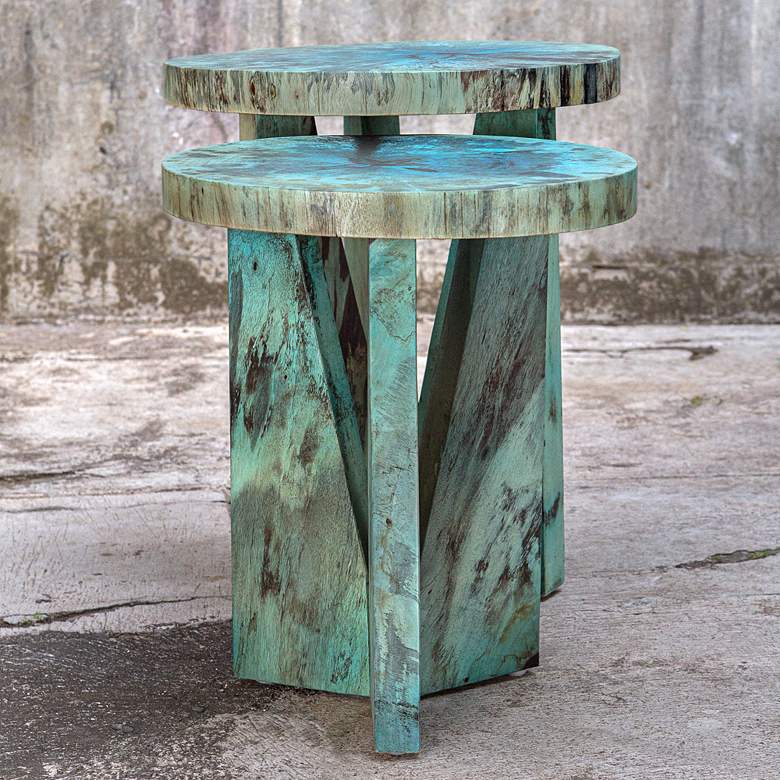 Image 4 Uttermost Nadette Blue Green Wood Nesting Tables Set of 2 more views