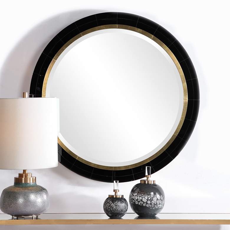 Image 2 Uttermost Nayla Black w/ Antique Brass 36 inch Round Wall Mirror