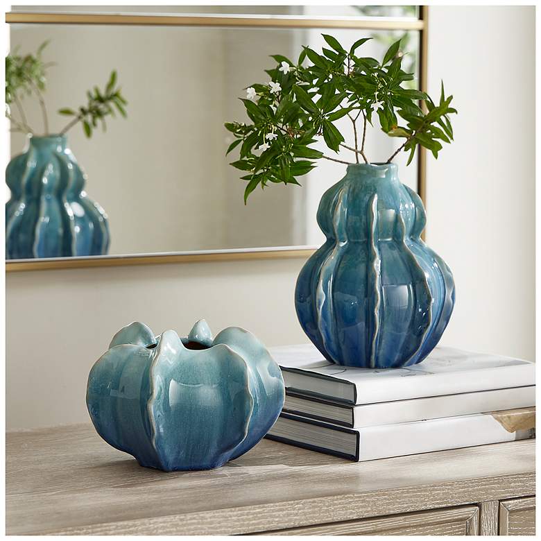 Image 1 Uttermost Ocean Wave 2-Piece Blue Earthenware Indoor-Outdoor Vase Set