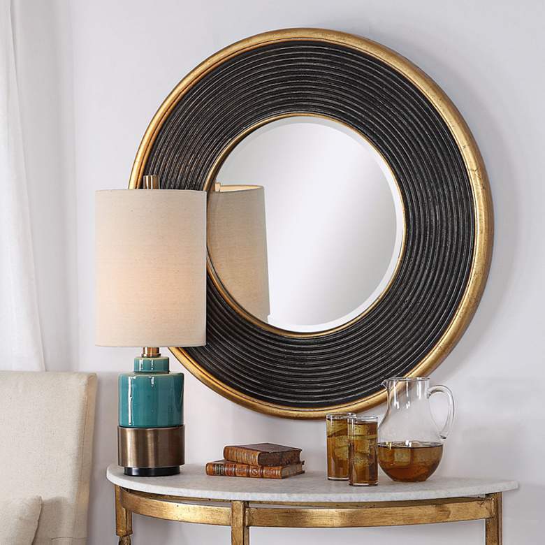 Image 1 Uttermost Odyssey Ribbed Aged Black 36" Round Wall Mirror