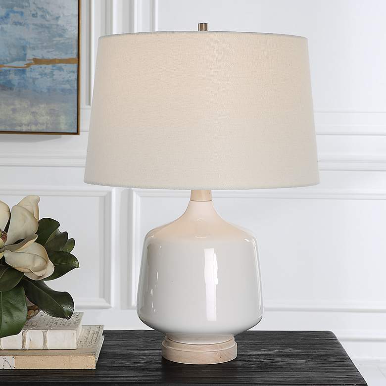 Image 1 Uttermost Opal 24 1/2 inch White Ceramic with Natural Wood Table Lamp