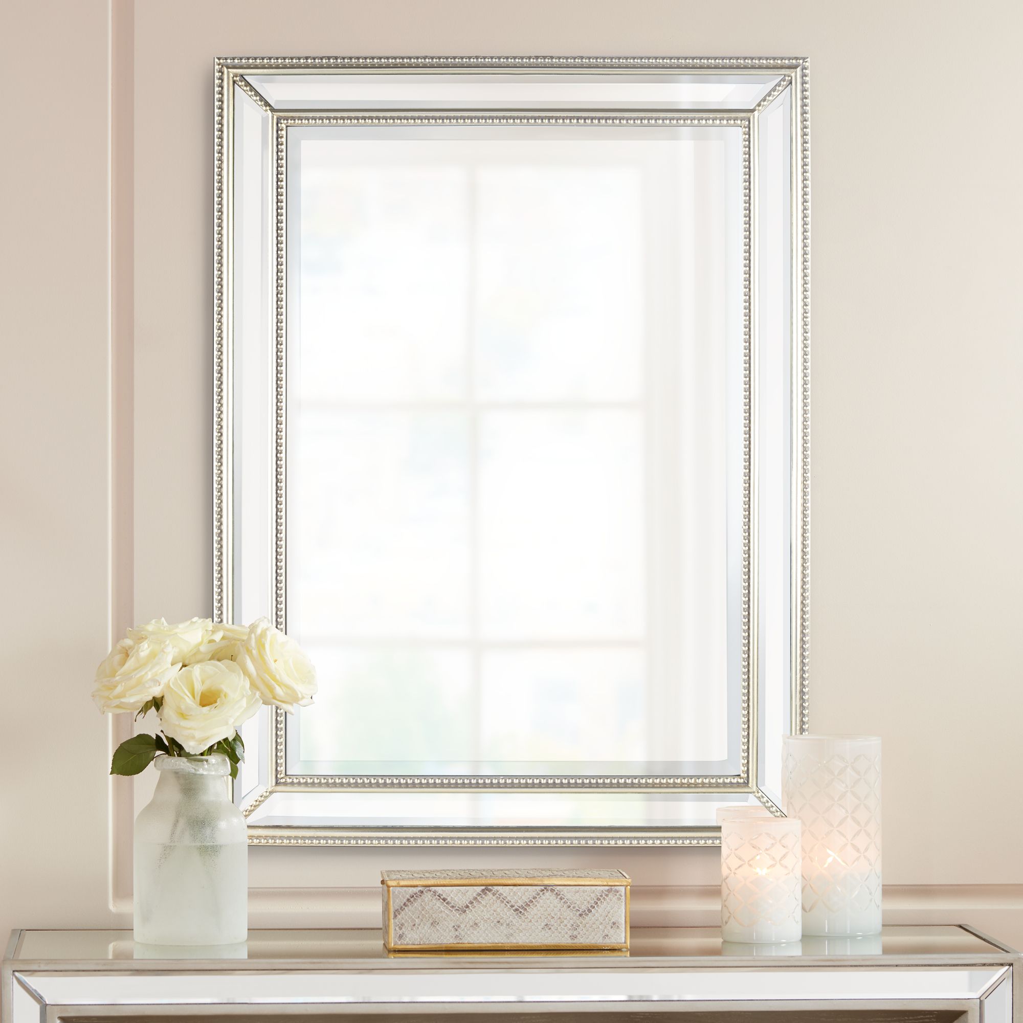 Uttermost Palais Silver 30" x 40" Beaded Wall Mirrors Set of 2 in scene