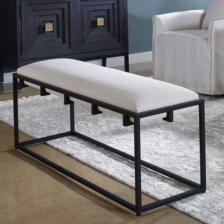 Image 1 Uttermost Paradox 47" Wide Black Iron and White Fabric Bench
