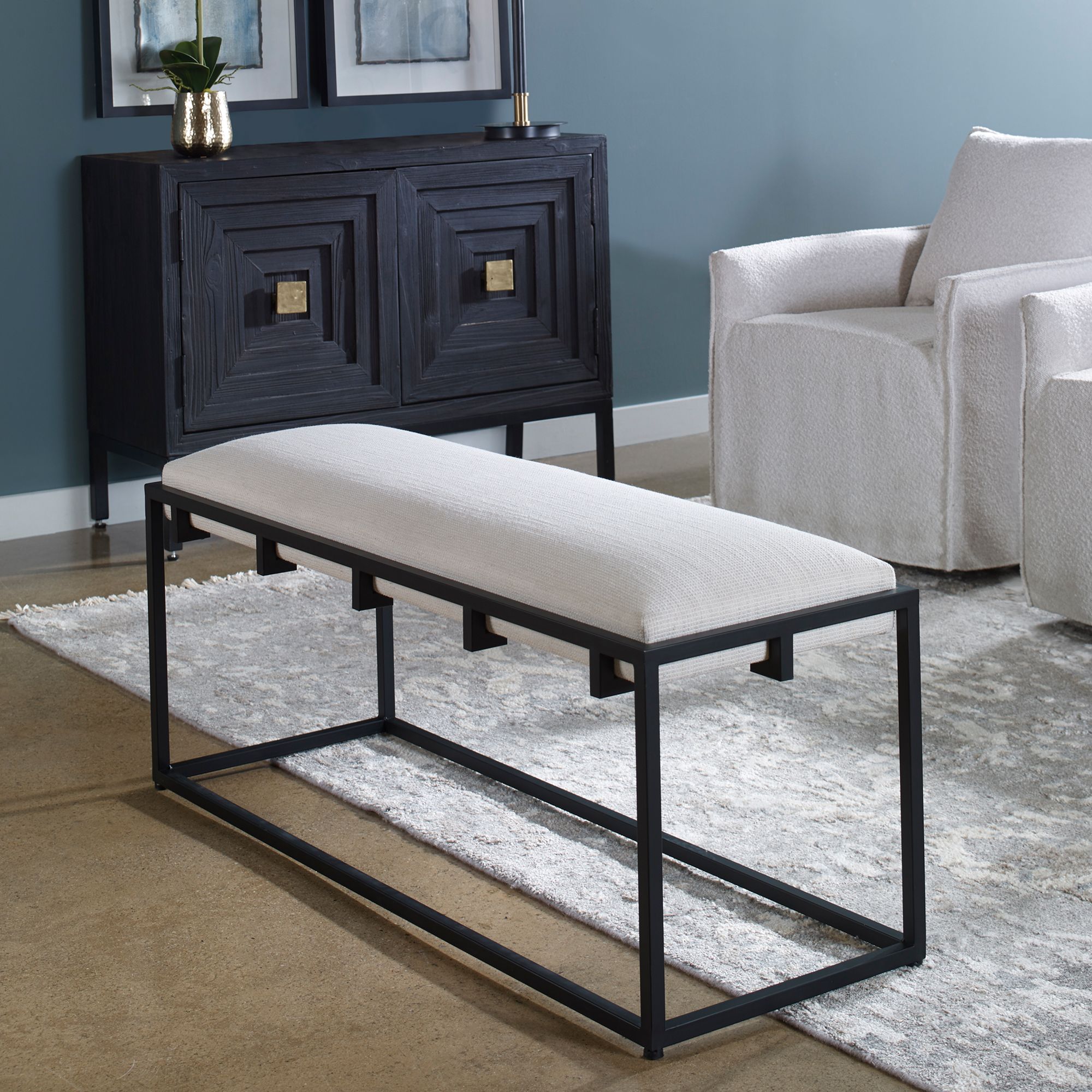 Image 7 Uttermost Paradox 47" Wide Black Iron and White Fabric Bench more views