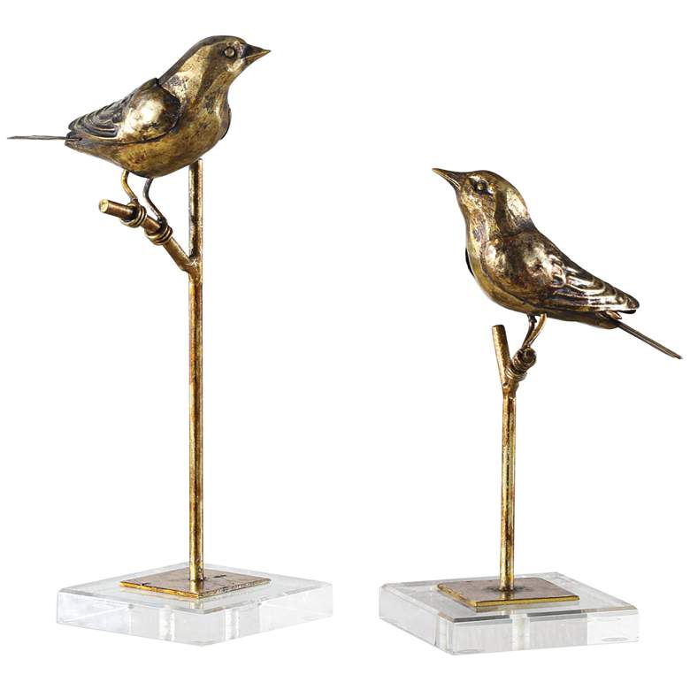 Image 2 Uttermost Passerines 13" Antique Gold Leaf Bird Figurines Set of 2
