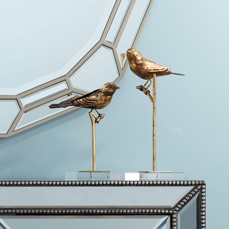 Image 1 Uttermost Passerines 13" Antique Gold Leaf Bird Figurines Set of 2