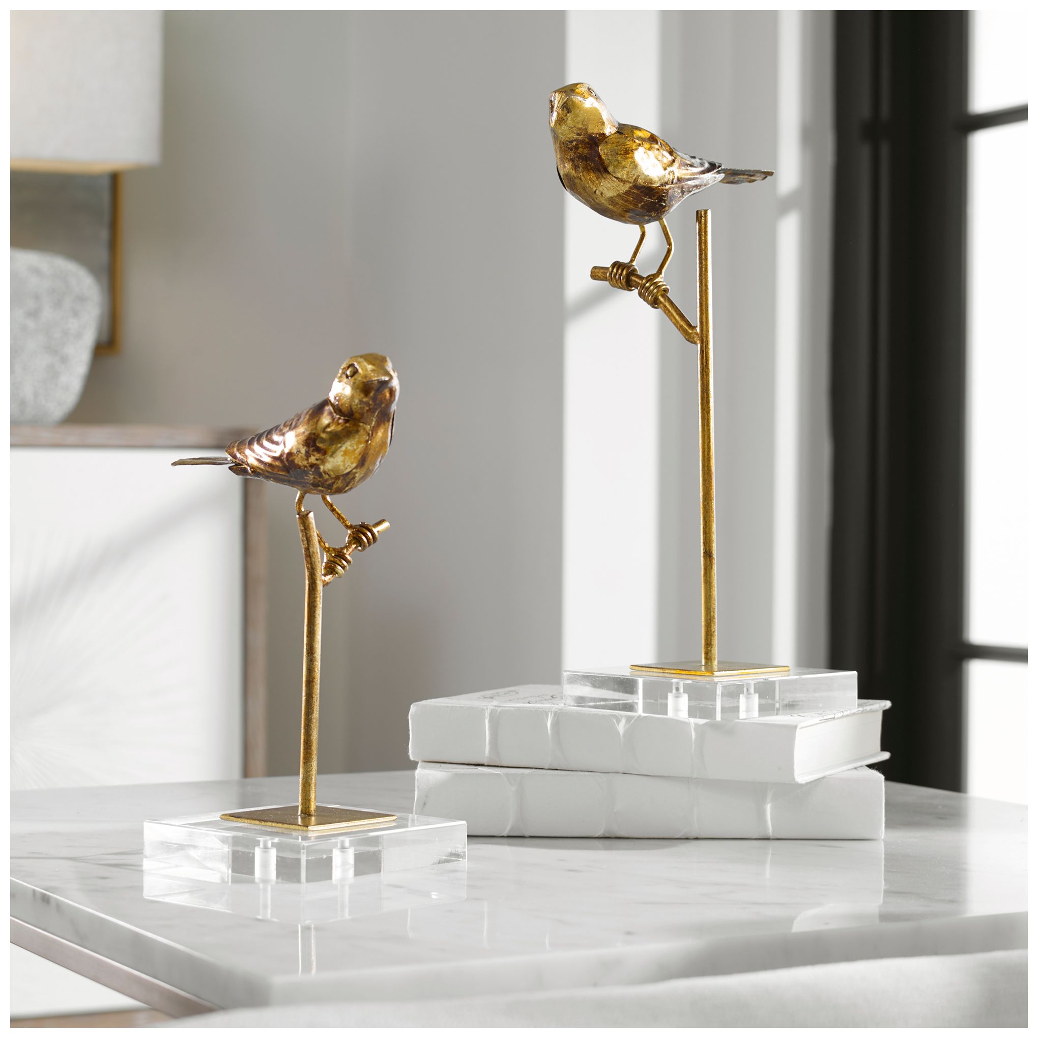 Image 4 Uttermost Passerines 13" Antique Gold Leaf Bird Figurines Set of 2 more views