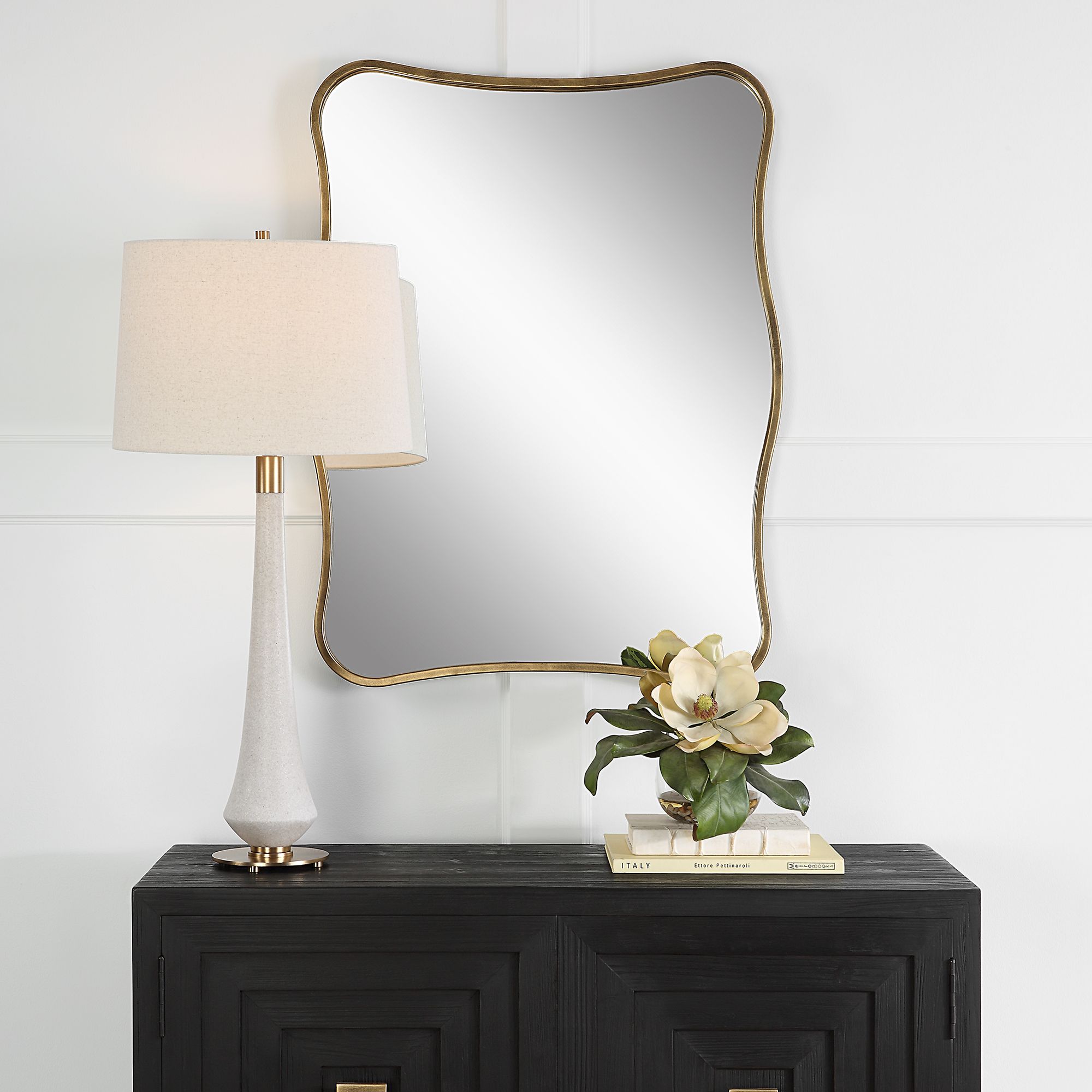 Uttermost Pavia Antiqued Gold 28" x 36" Curvy Vanity Wall Mirror in scene