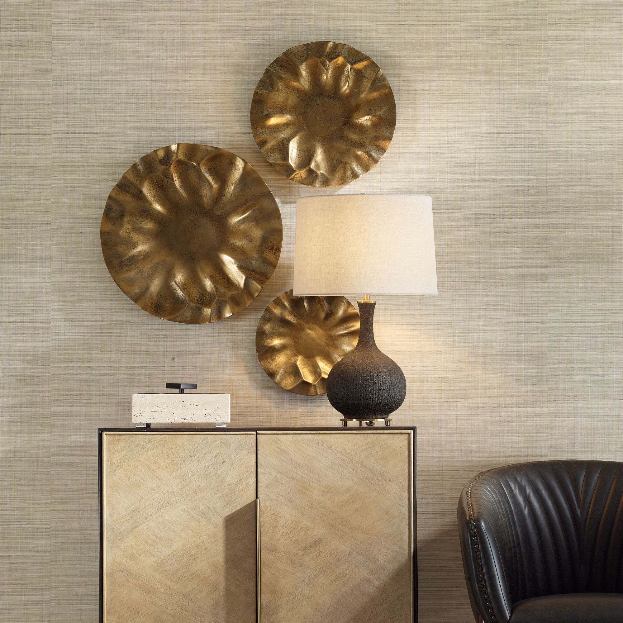 Image 7 Uttermost Peonia Indoor-Outdoor Gold 3-Piece Wall Decor more views