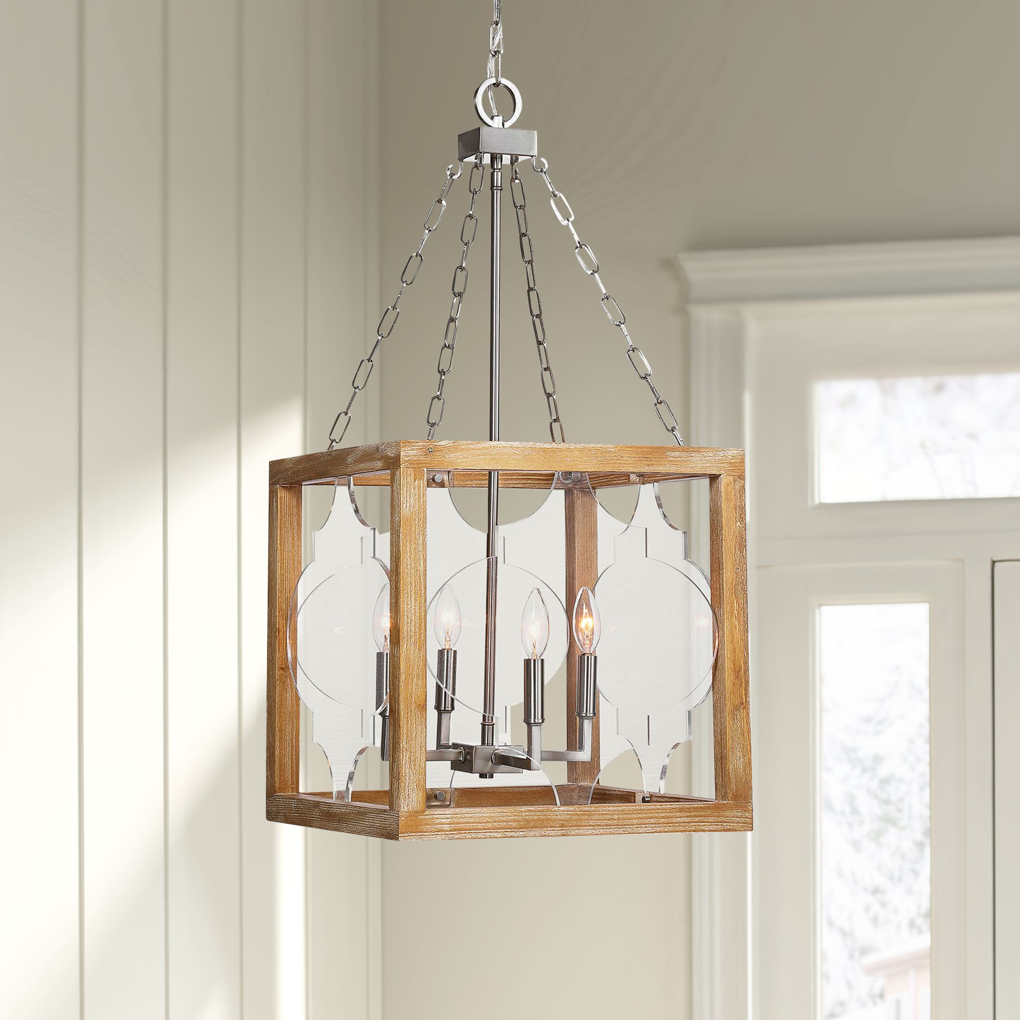 brushed nickel and wood pendant light