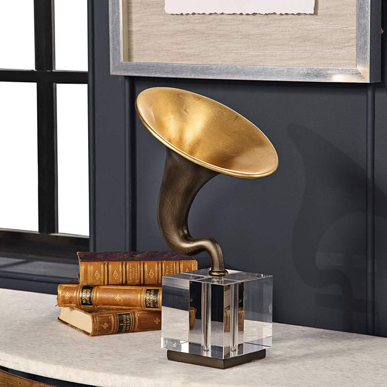 Image 1 Uttermost Phonograph 13 3/4"H Dark Bronze and Gold Sculpture