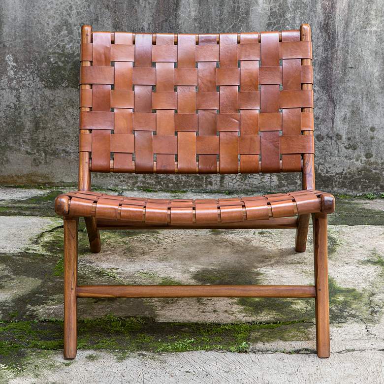 Image 1 Uttermost Plait Teak Wood and Cognac Leather Accent Chair