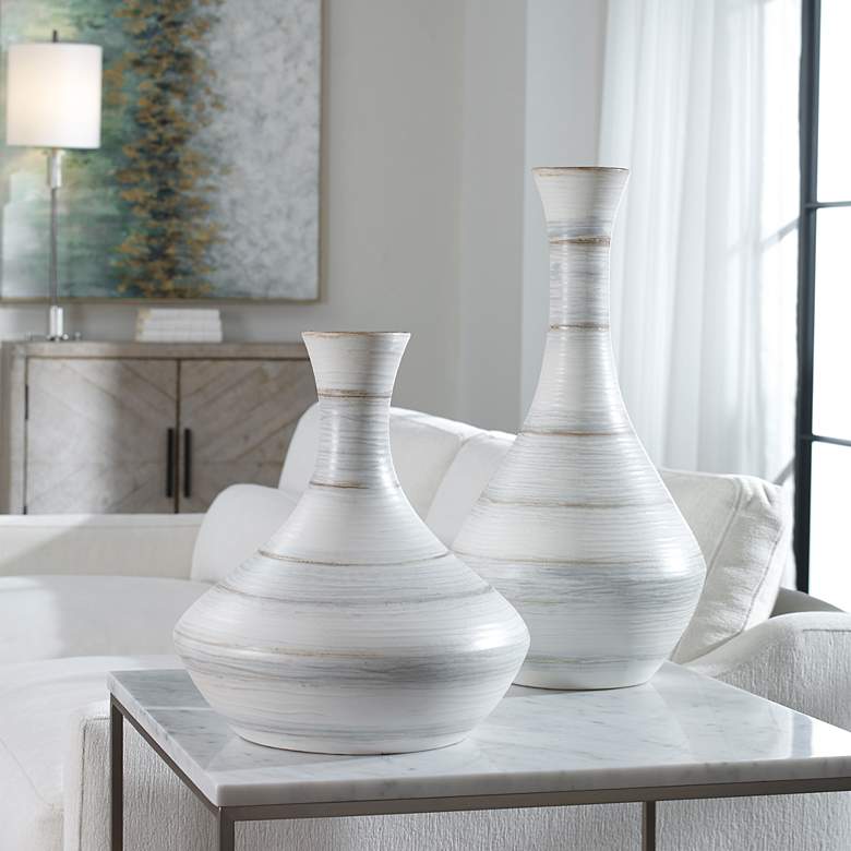 Image 1 Uttermost Potter Striped Ivory Blue Ceramic Vases Set of 2