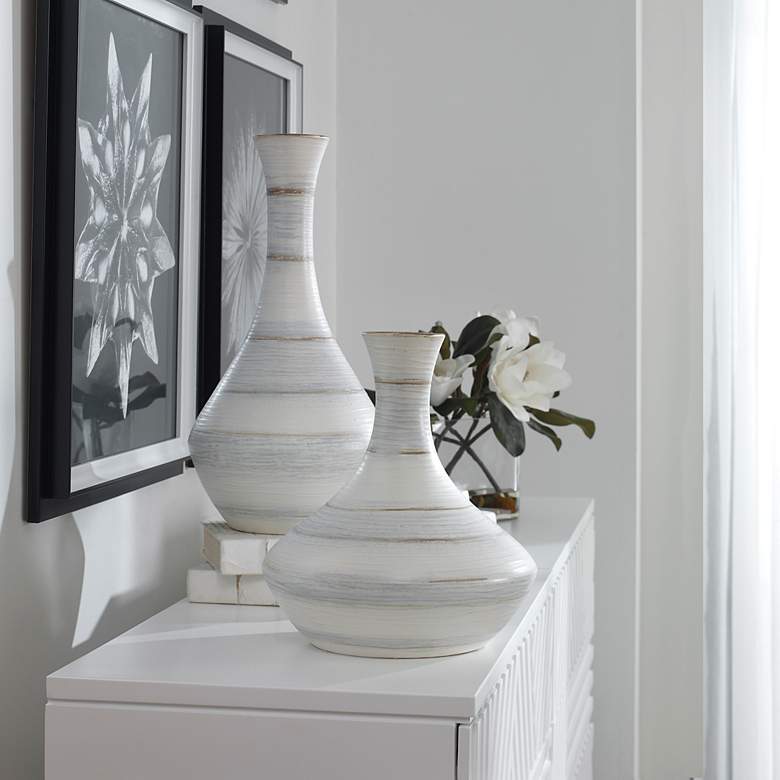 Image 3 Uttermost Potter Striped Ivory Blue Ceramic Vases Set of 2 more views