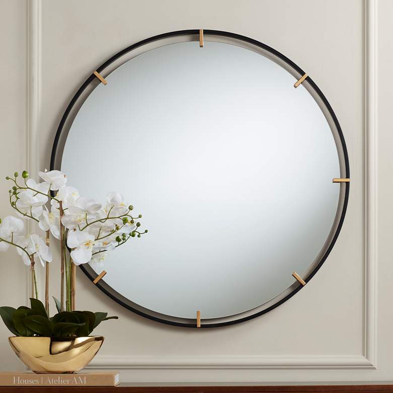 Image 1 Uttermost Radius 34 x 34 Black and Gold Round Wall Mirror