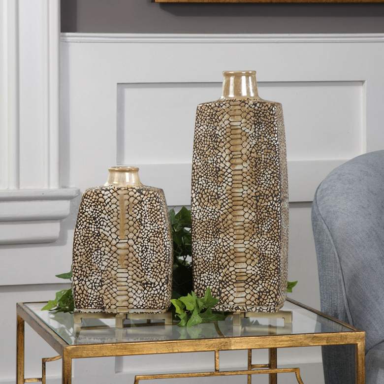 Image 1 Uttermost Reptila Brown and Ivory 2-Piece Ceramic Vase Set
