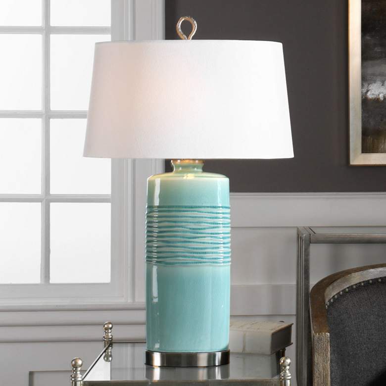 Image 1 Uttermost Rila 32 inch Distressed Teal Blue Ceramic Table Lamp