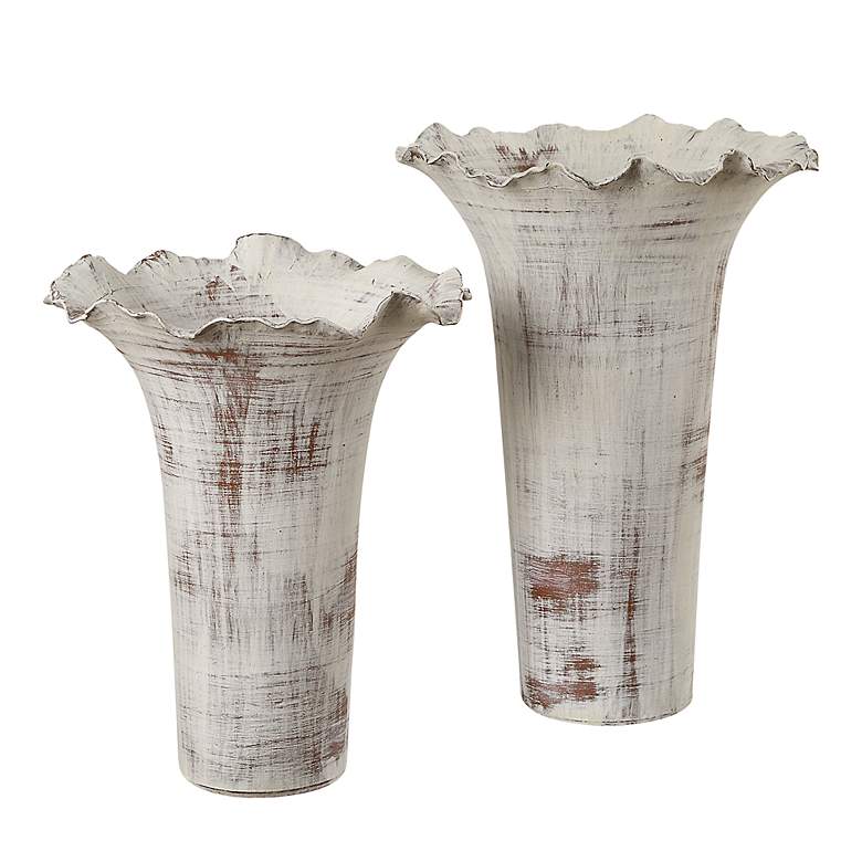 Image 2 Uttermost Ruffled Petal White and Brown Ceramic Vases Set of 2