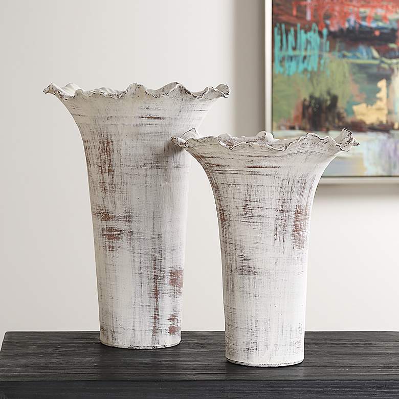 Image 1 Uttermost Ruffled Petal White and Brown Ceramic Vases Set of 2