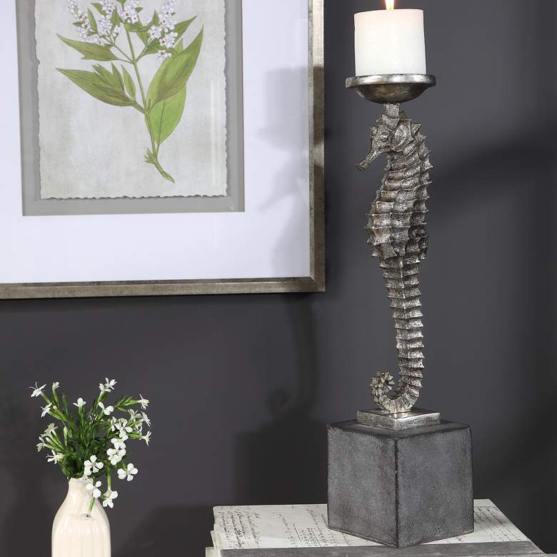 Image 1 Uttermost Seahorse Silver Champagne Pillar Candle Holder