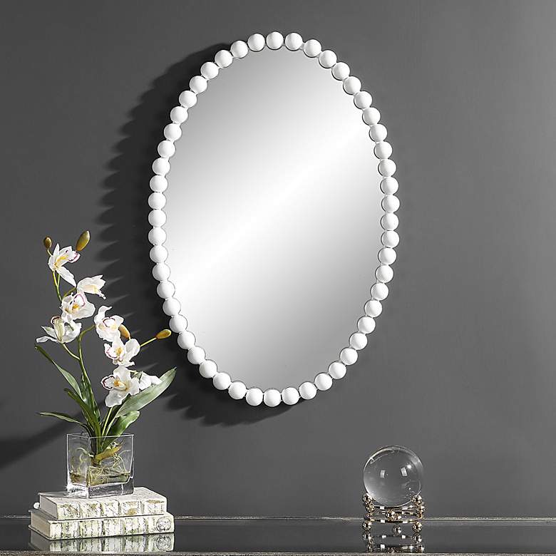 Image 2 Uttermost Serna Matte 20" x 30" White Beaded Oval Wall Mirror
