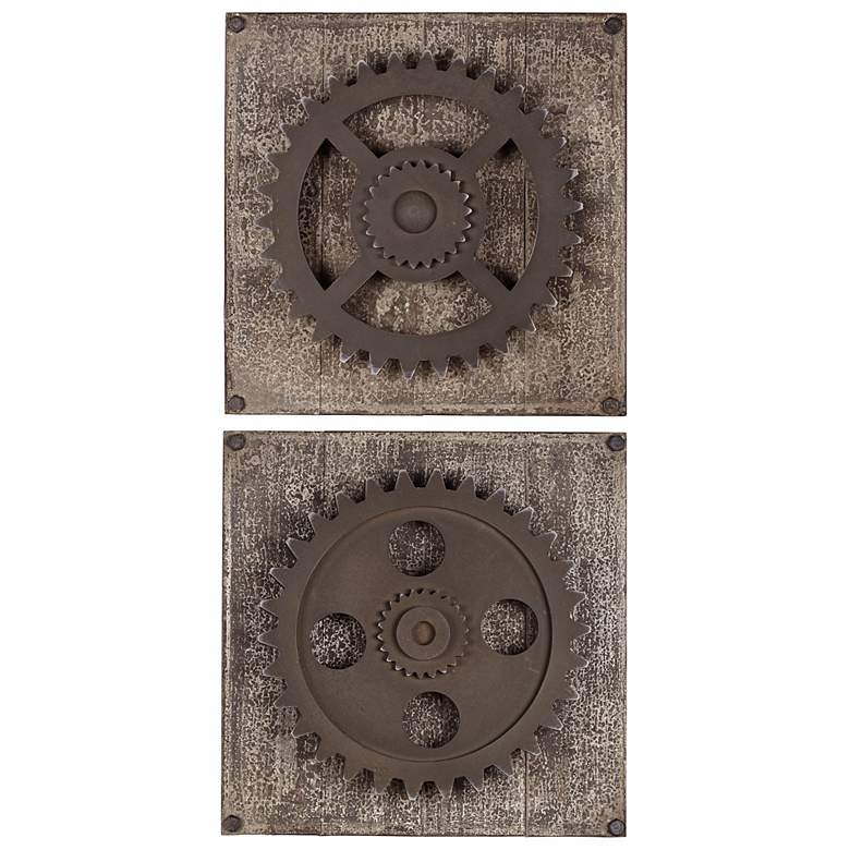 Image 1 Uttermost Set of 2 Rustic Gears 17 inch Square Wall Art