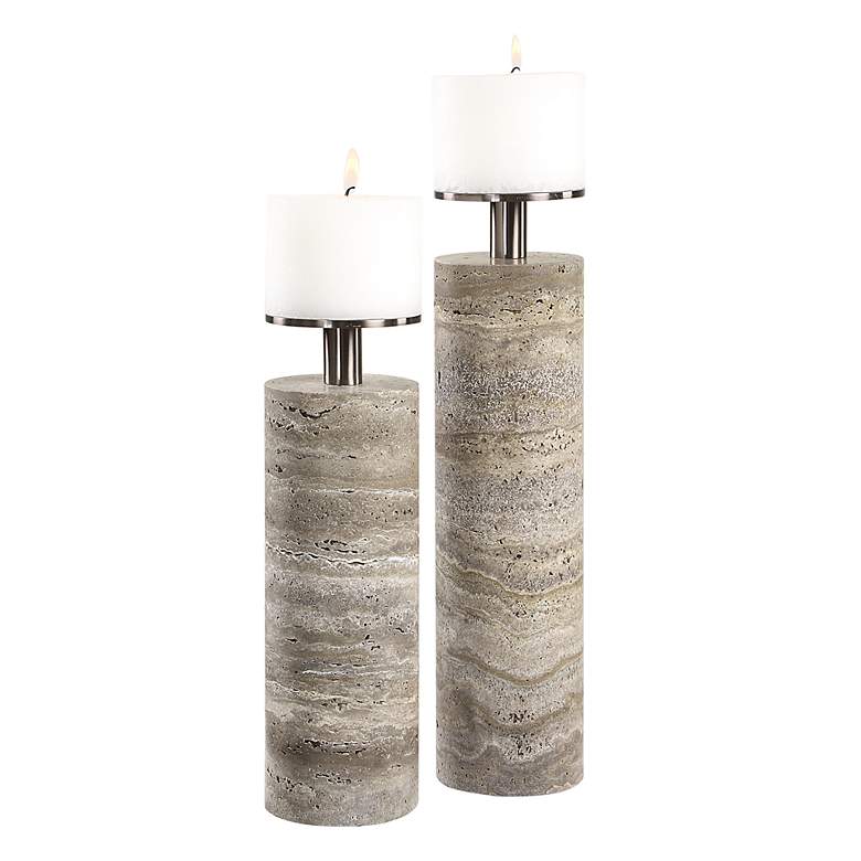 Image 2 Uttermost Shadowstone Gray Travertine 2-Piece Candleholders