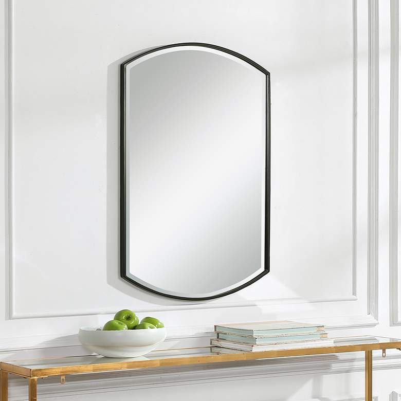 Image 1 Uttermost Shield Satin Black 24" x 38" Wall Mirror