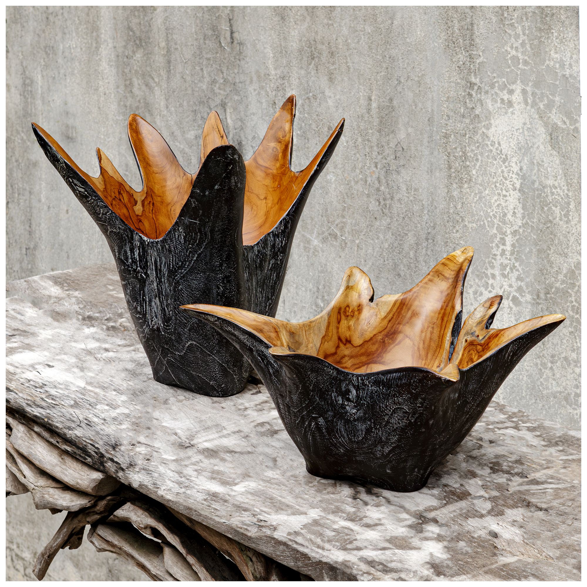 Image 3 Uttermost Starpetal 2-Piece Indoor-Outdoor Black and Brown Teak Wood Bowls more views