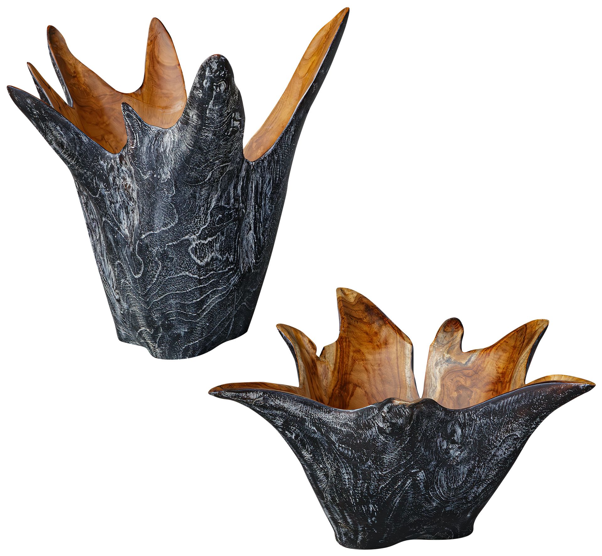 Image 5 Uttermost Starpetal 2-Piece Indoor-Outdoor Black and Brown Teak Wood Bowls more views