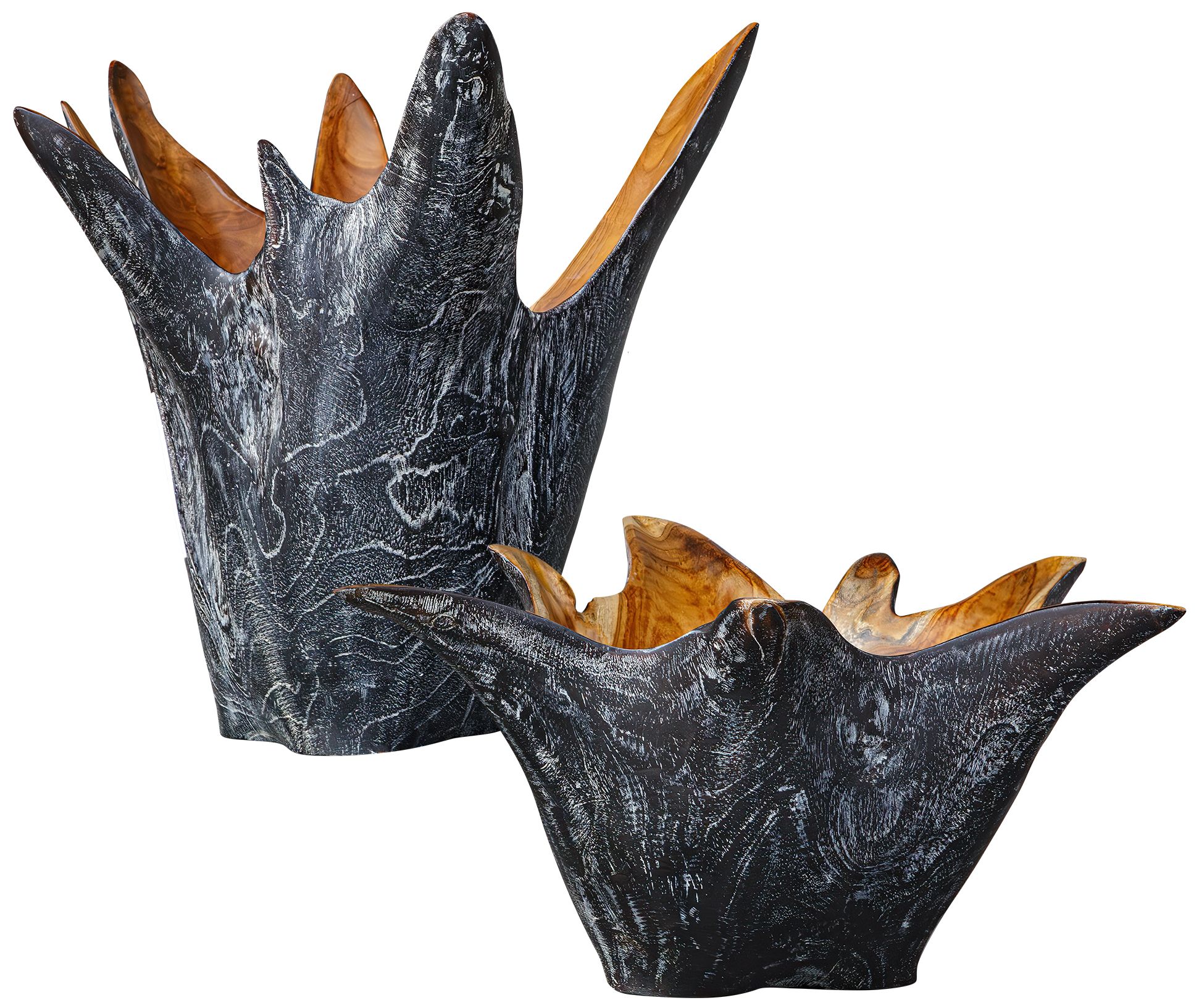Image 6 Uttermost Starpetal 2-Piece Indoor-Outdoor Black and Brown Teak Wood Bowls more views