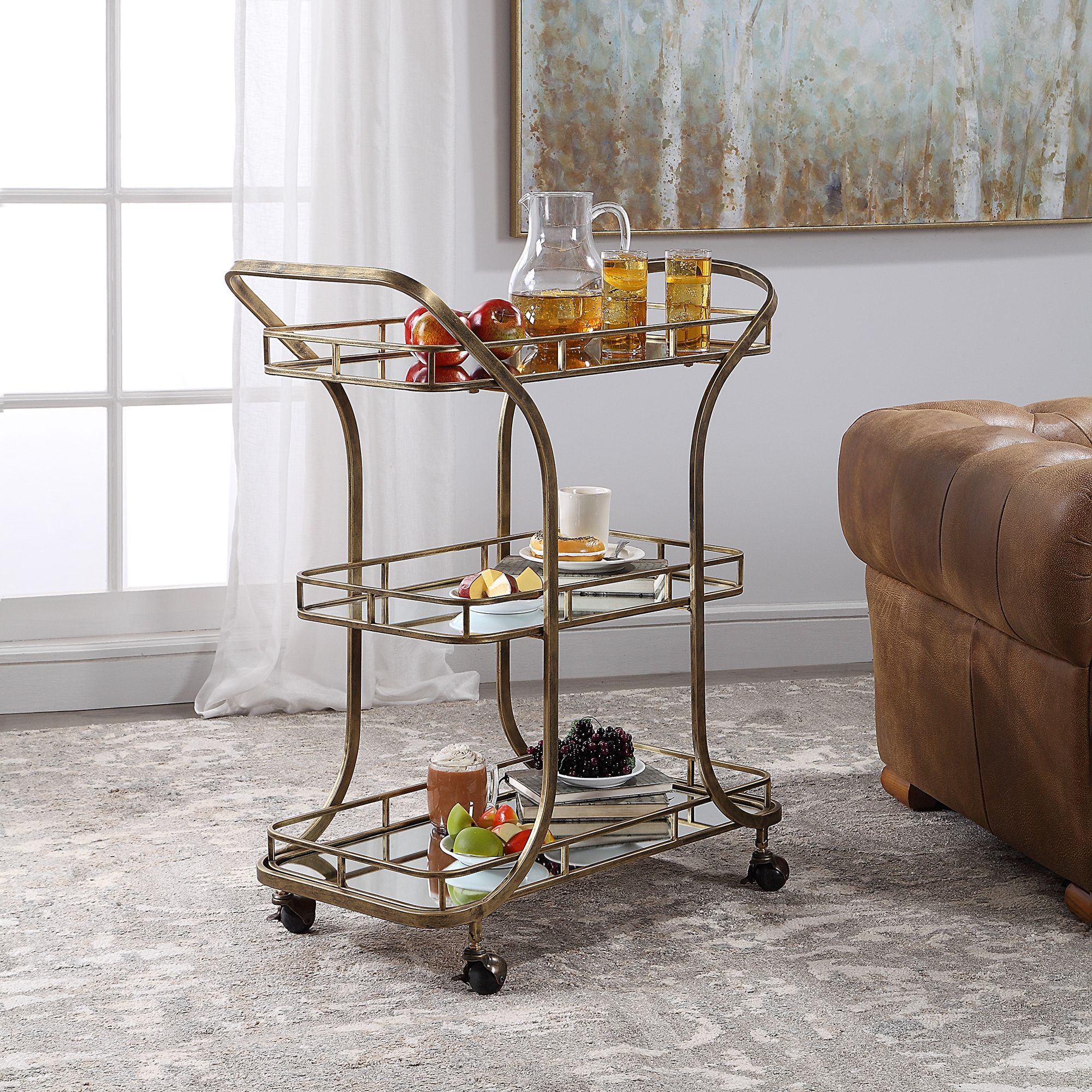 Image 7 Uttermost Stassi 33" Wide Antiqued Gold Serving Bar Cart more views