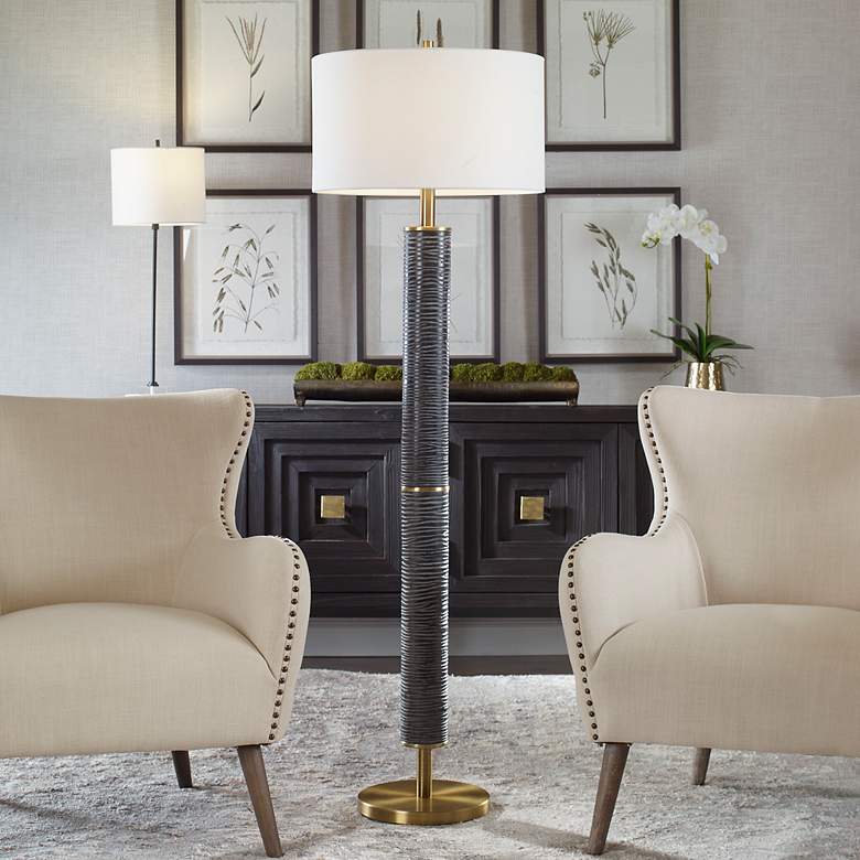 Image 1 Uttermost Summit Rustic Gray-Black Carved Floor Lamp