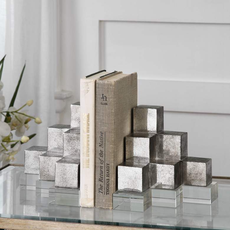 Image 1 Uttermost Tarnished Silver Geometric Cube Stack Bookends