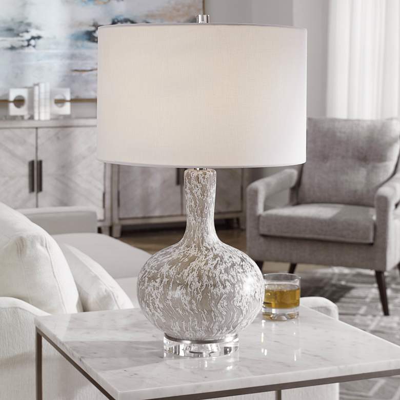 Image 1 Uttermost Turbulence Distressed White Gray Glass Table Lamp