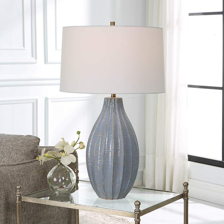 Image 1 Uttermost Veston 28" Cornflower Blue Glaze Ceramic Vase Table Lamp