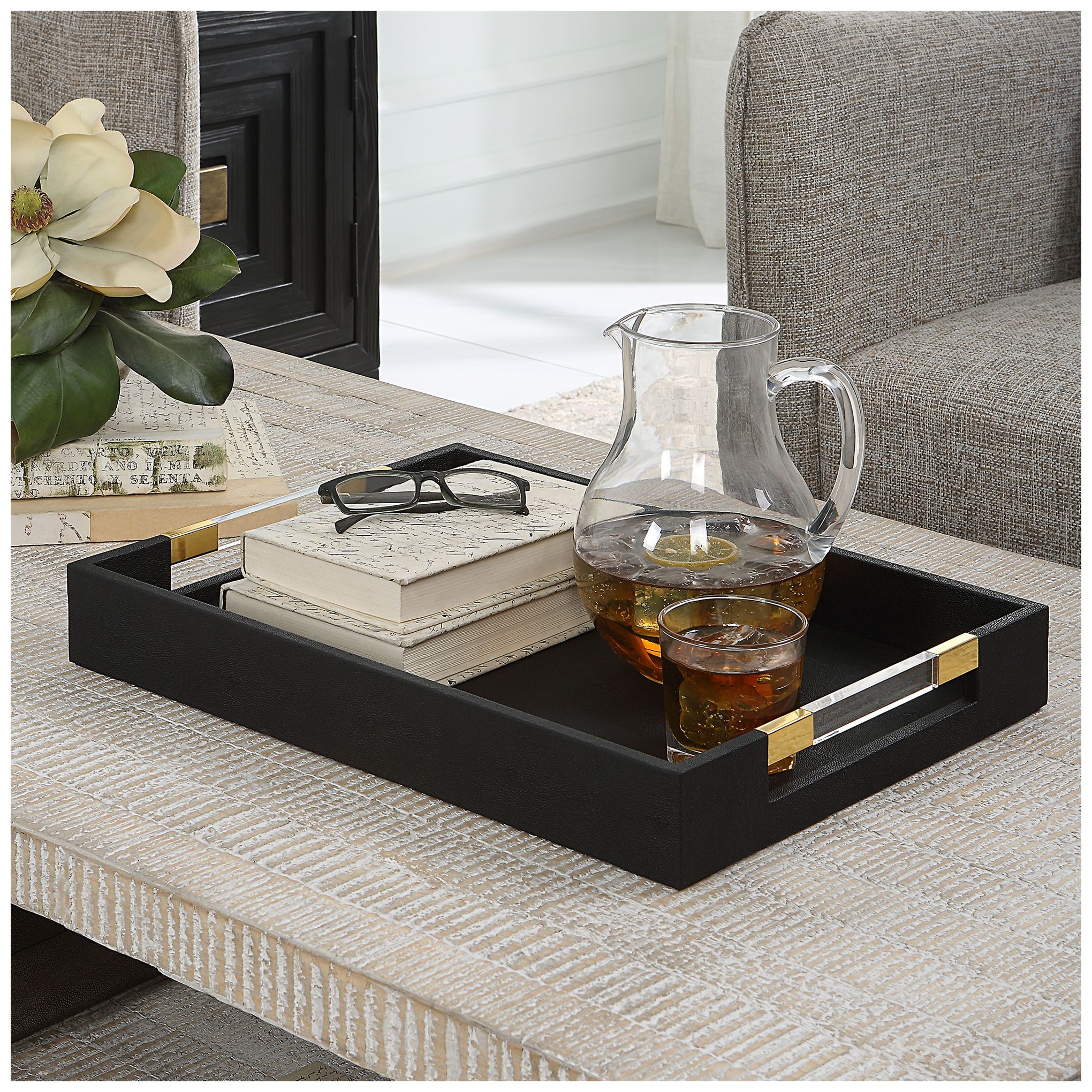Uttermost Wessex Black Faux Shagreen Rectangular Tray in scene