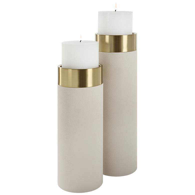 Image 1 Uttermost Wessex White Shagreen and Brass Candleholders Set of 2