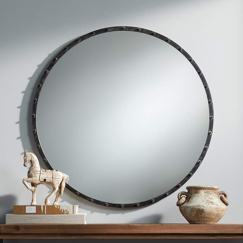 Image 1 Uttermost Wynn 34" Round Aged Steel Studded Wall Mirror