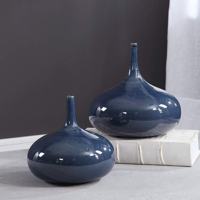 Image 1 Uttermost Zayan 9" Wide Blue Ceramic Vases Set of 2