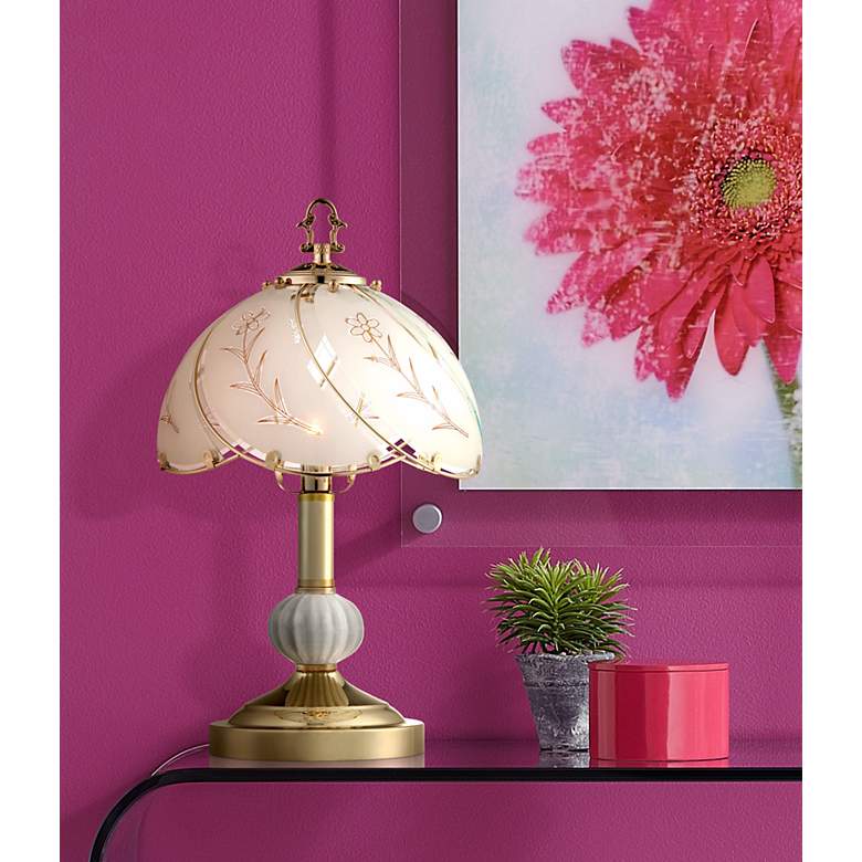 Image 1 Polished Brass and Flower Glass Shade 15" High On-Off Touch Table Lamp in scene